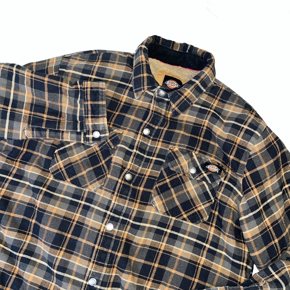 Dickies Flannel Jacket Men's XL Brown Sherpa Lined Pockets Plaid Snap Up Barn